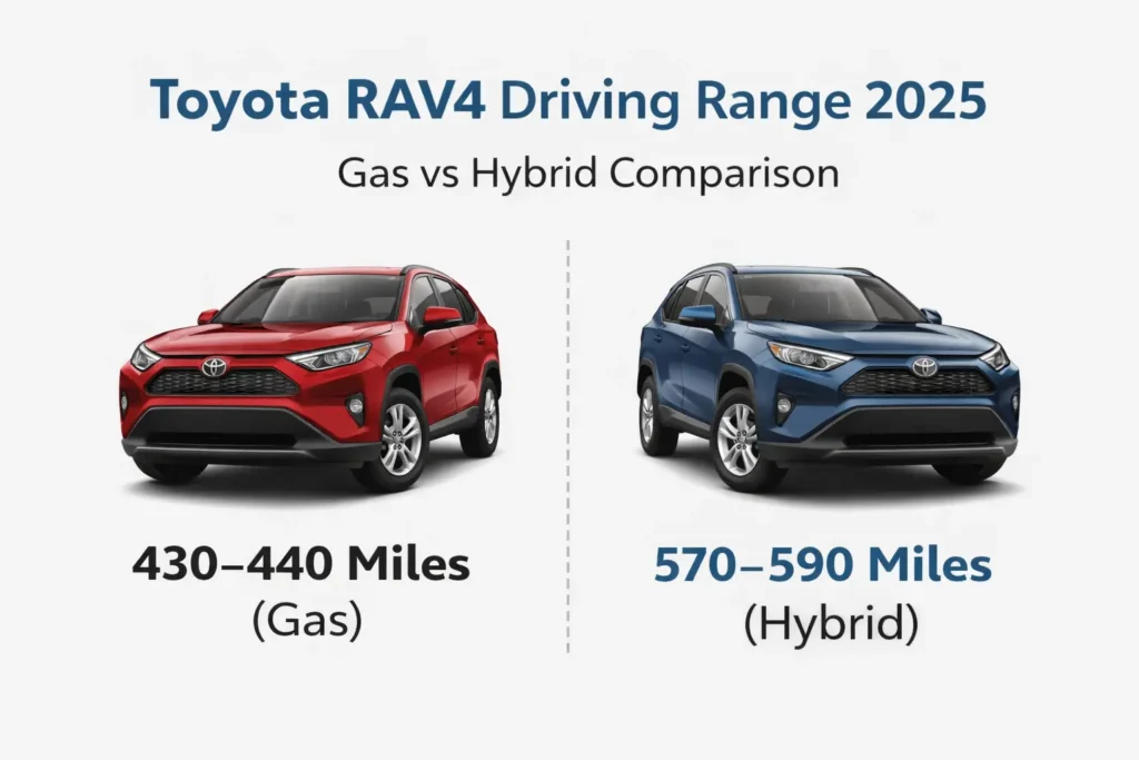 Toyota RAV4 driving range 2025 gas vs hybrid miles per tank comparison