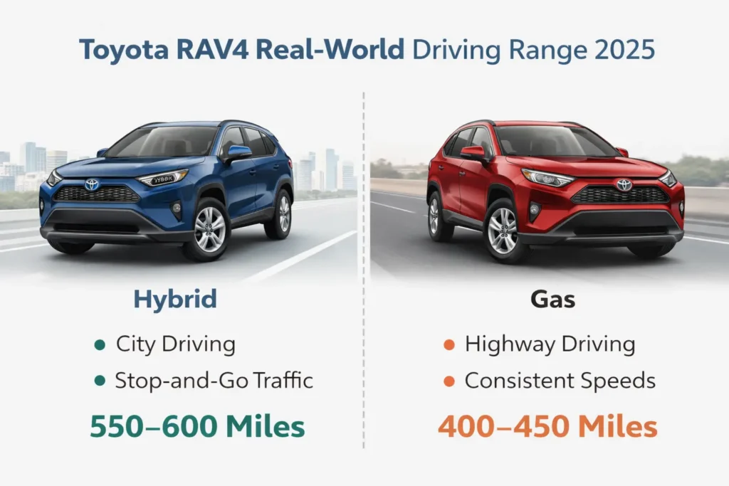 Toyota RAV4 driving range 2025 gas vs hybrid comparison showing 400-450 miles vs 550-600 miles range
