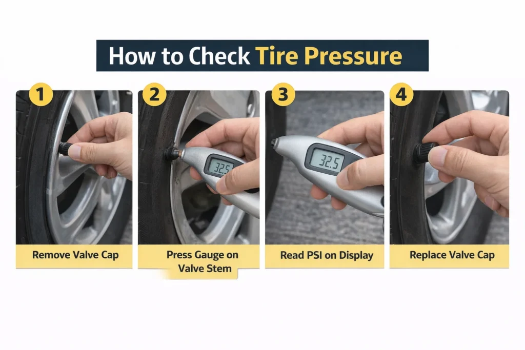 How to Check Tire Pressure Properly (Easy Guide) 3 step by step how to check tire pressure with gauge