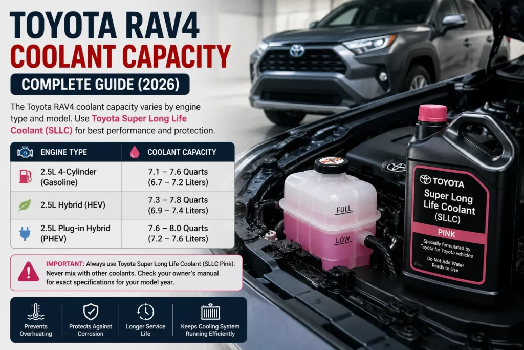 Toyota RAV4 Coolant Capacity chart with Toyota Super Long Life Coolant (SLLC Pink)