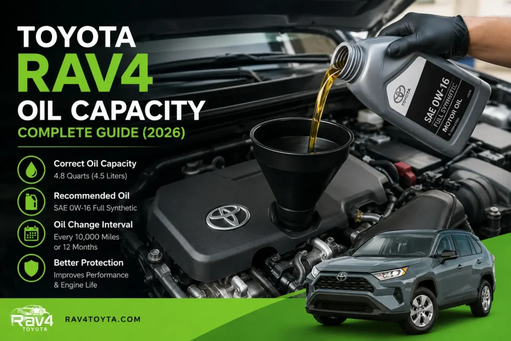 Toyota RAV4 Oil Capacity guide showing engine oil change and recommended 4.8 quarts oil capacity