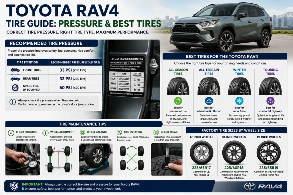 Toyota RAV4 Tire Size guide showing recommended tire pressure, best tire types, and factory tire size information