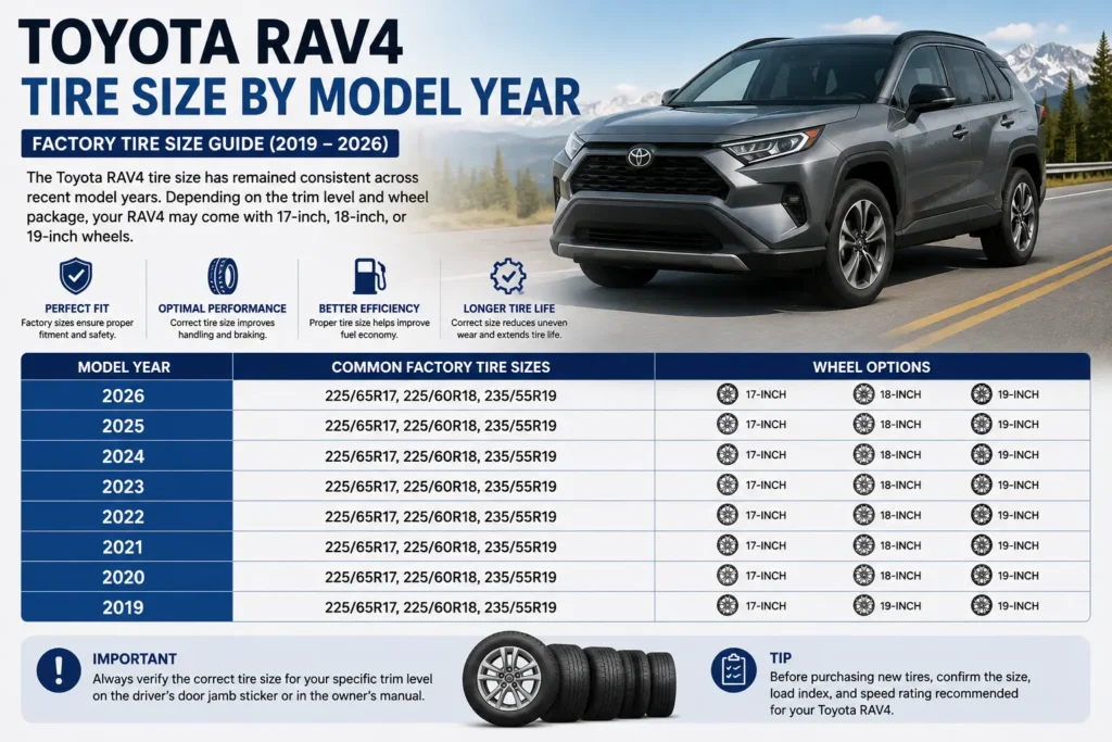 Toyota RAV4 Tire Size by Model Year showing factory tire sizes for 2019 to 2026 models