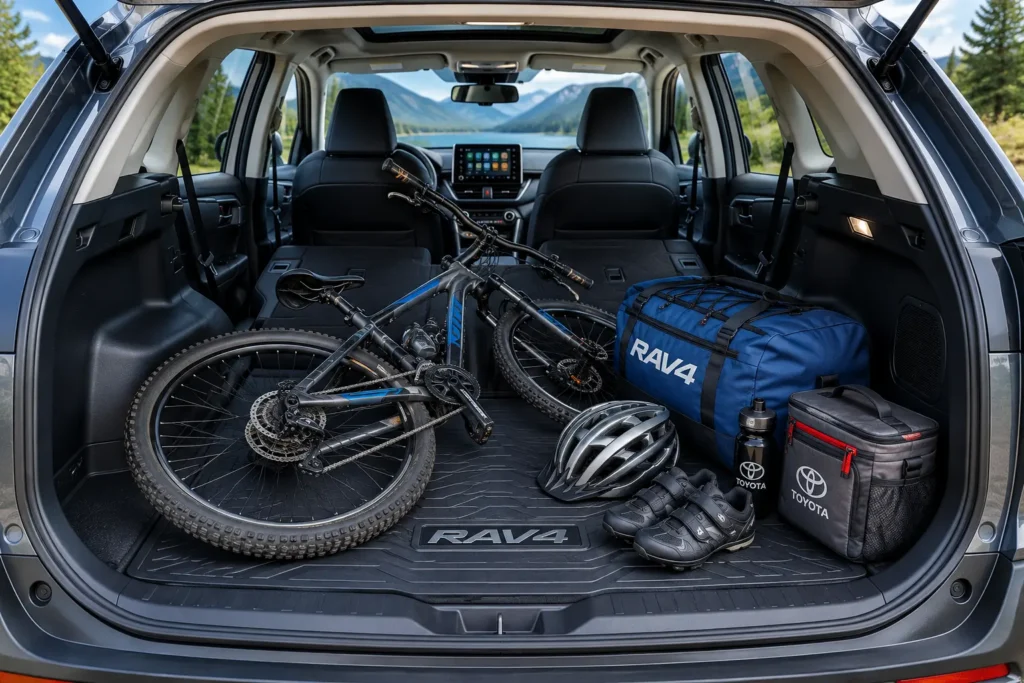 Toyota RAV4 Cargo Space: Complete Guide for Storage and Practicality 1 Toyota RAV4 cargo space with bicycle and rear seats folded