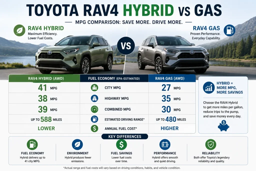 Toyota RAV4 MPG: Real-World Fuel Economy, Hybrid vs Gas Models 3 Toyota RAV4 Hybrid vs Gas MPG fuel economy comparison