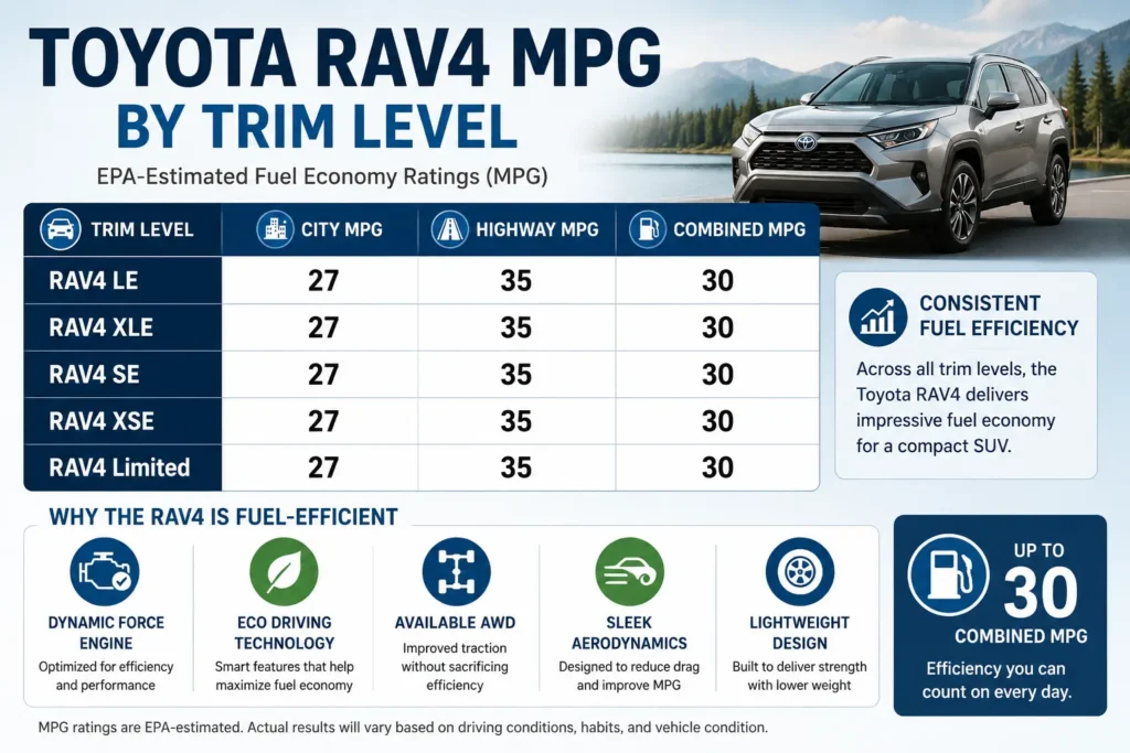 Toyota RAV4 MPG: Real-World Fuel Economy, Hybrid vs Gas Models 1 Toyota RAV4 MPG by trim level fuel economy comparison