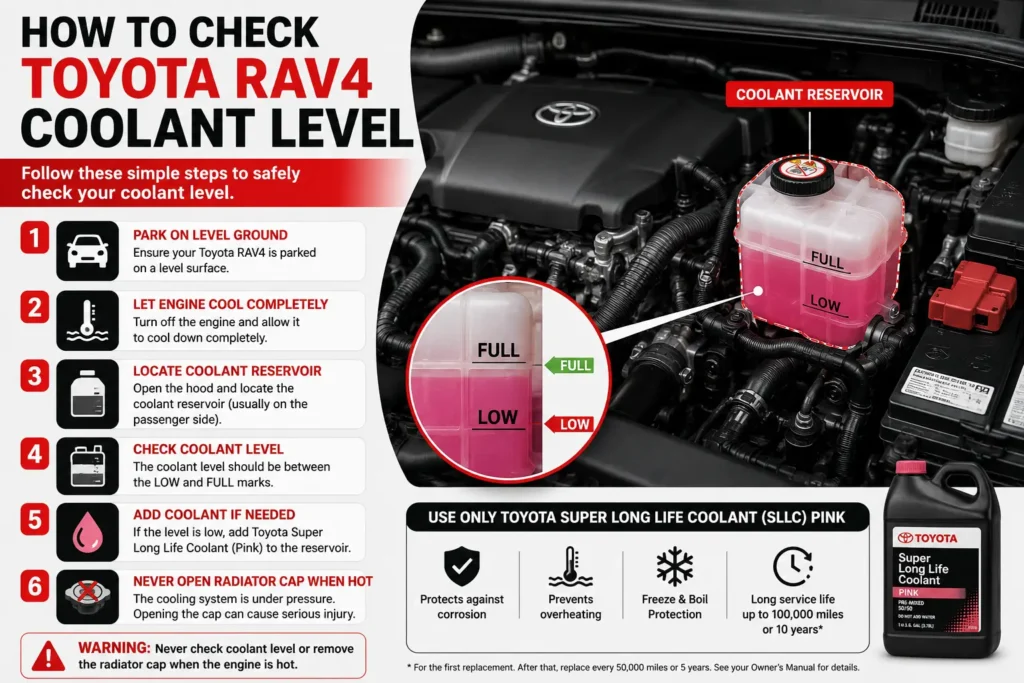 Toyota RAV4 Coolant Type: Complete Guide (2026) 2 How to check Toyota RAV4 coolant level using the coolant reservoir and Toyota Super Long Life Coolant SLLC Pink