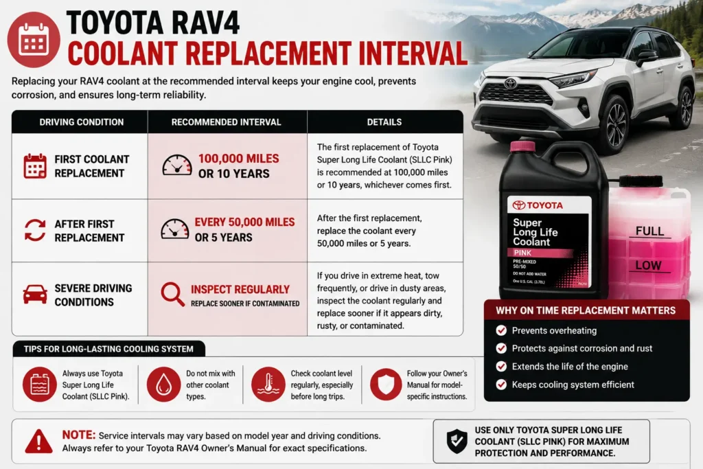 Toyota RAV4 Coolant Type: Complete Guide (2026) 3 Toyota RAV4 coolant replacement interval chart showing first coolant replacement at 100000 miles and every 50000 miles thereafter