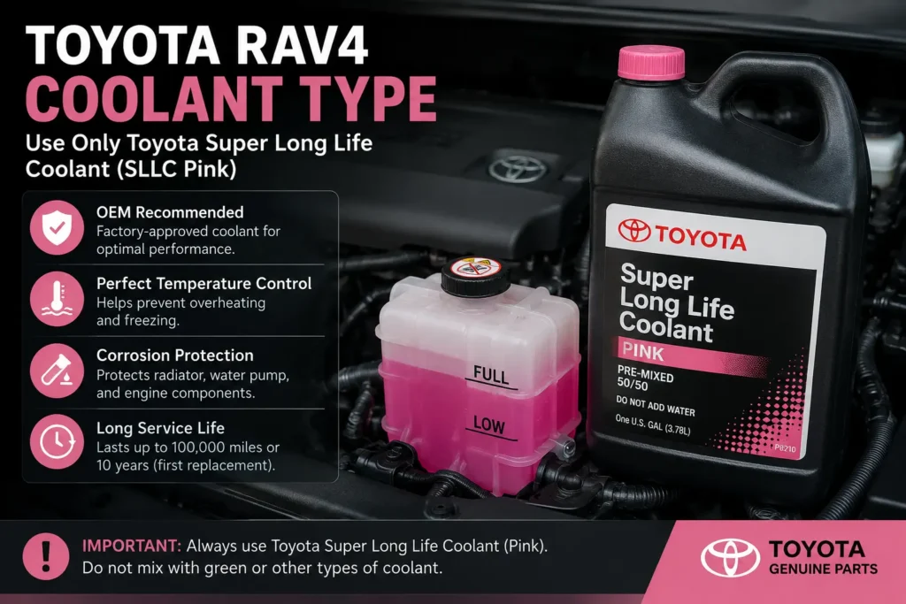 Toyota RAV4 Coolant Type: Complete Guide (2026) 1 Toyota RAV4 Coolant Type using Toyota Super Long Life Coolant SLLC Pink