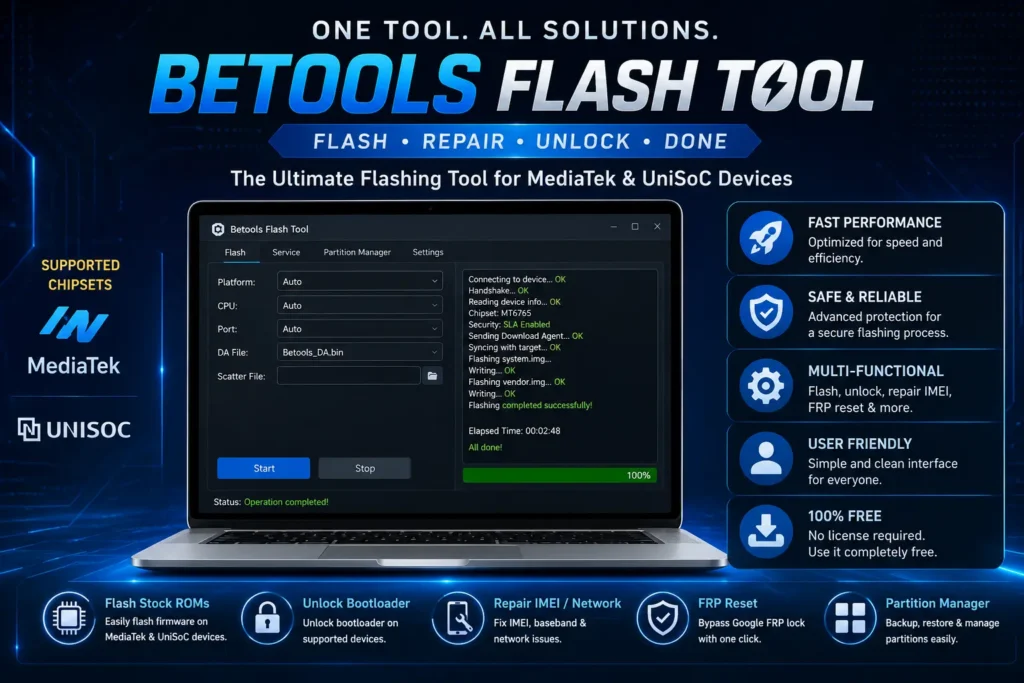 BETOOLS Flash Tool UI and features infographic banner.