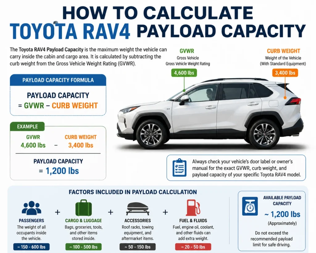Toyota RAV4 Payload Capacity: Complete Guide 2 How to calculate Toyota RAV4 Payload Capacity using GVWR and curb weight formula
