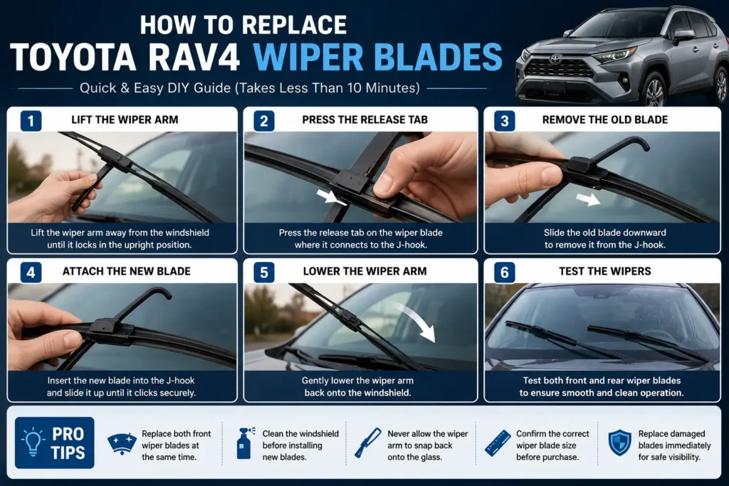Toyota RAV4 Wiper Blade Size: Complete Guide (1996–2026) 2 How to replace Toyota RAV4 wiper blades step by step using the correct wiper blade size