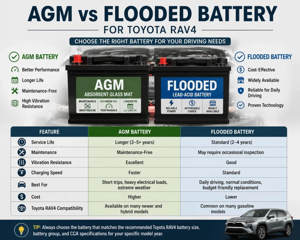 Toyota RAV4 Battery Size 2 AGM vs Flooded Battery for Toyota RAV4 battery size comparison showing differences in lifespan, maintenance, charging speed, and compatibility.