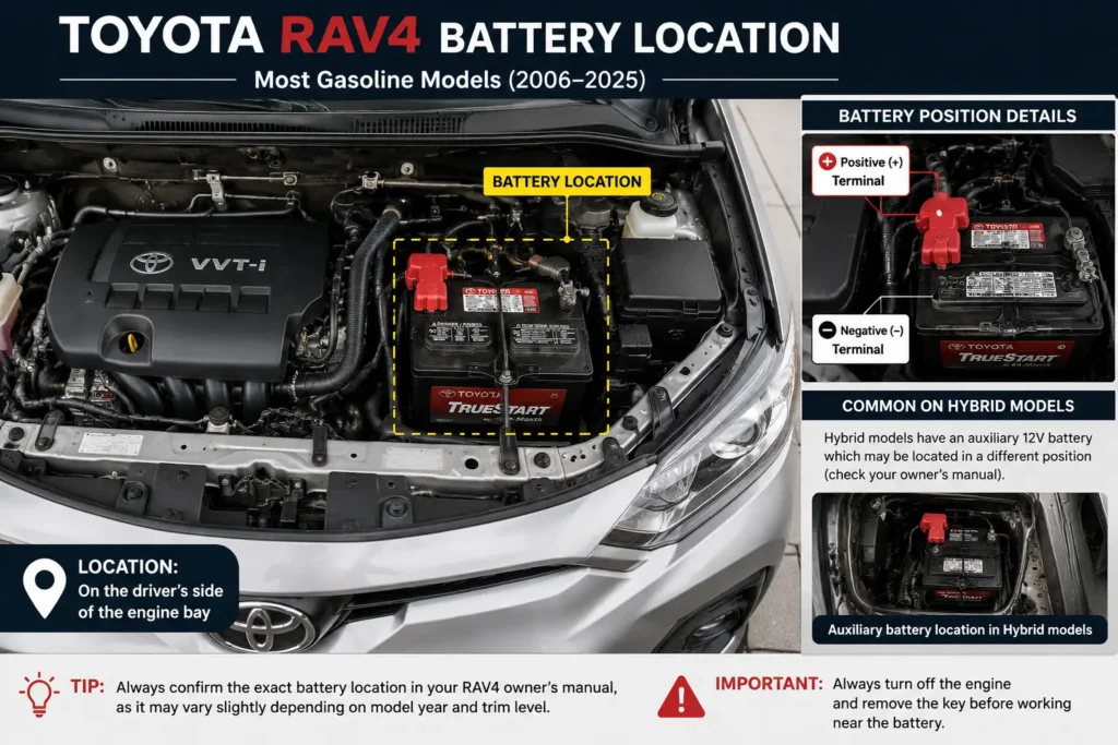 Toyota RAV4 battery location in the engine bay for 2006-2025 models