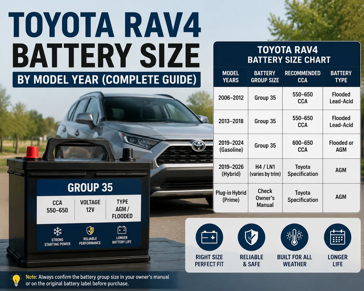 Toyota RAV4 battery size chart showing Group 35 battery, CCA ratings, and battery types by model year