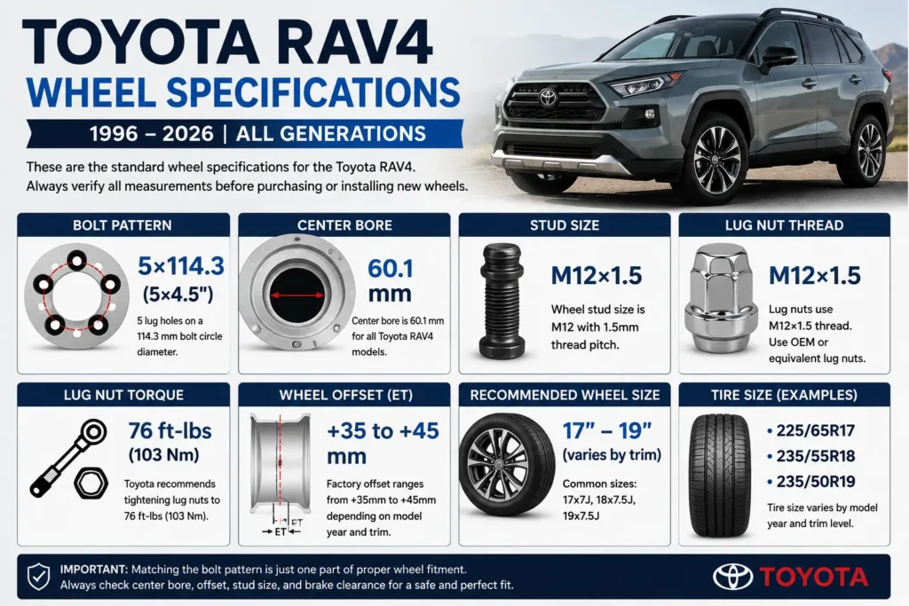 Toyota RAV4 Bolt Pattern wheel specifications including center bore, stud size, lug nut thread and torque
