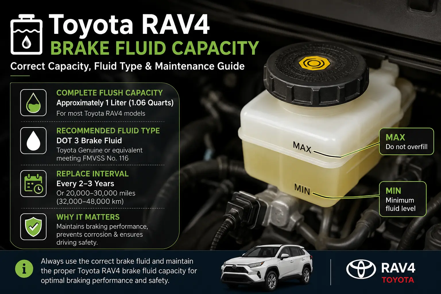Toyota RAV4 brake fluid capacity showing DOT 3 brake fluid, 1 liter capacity, and brake fluid reservoir levels.