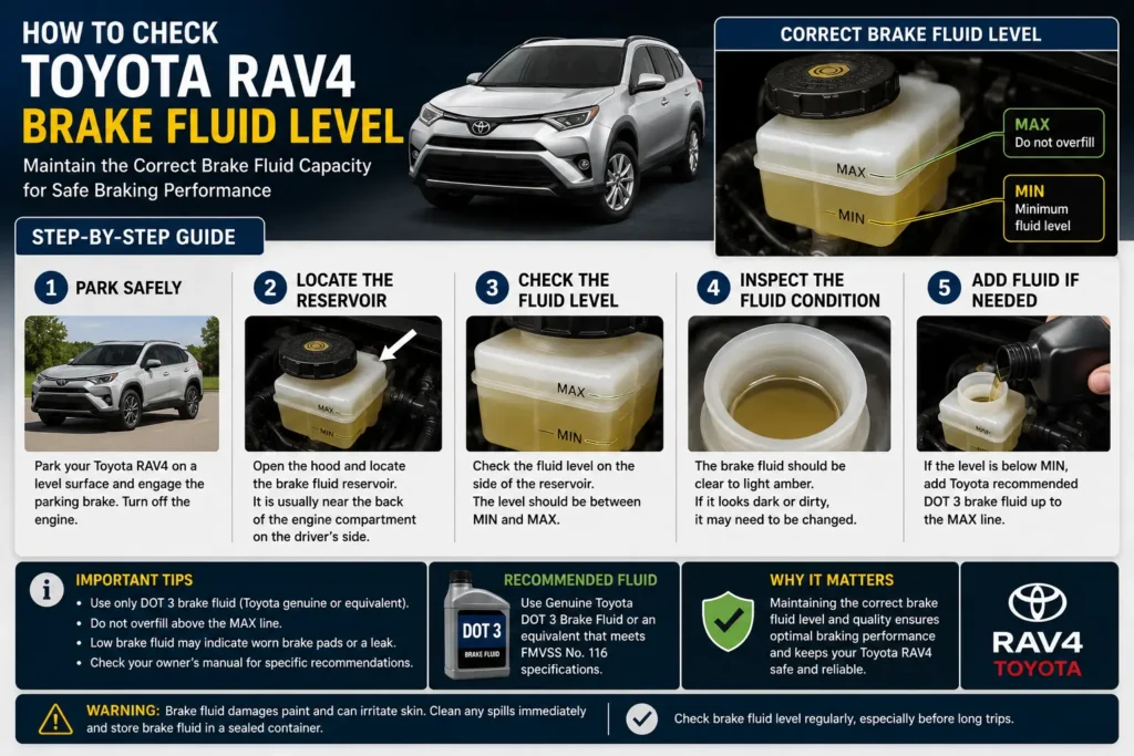 Toyota RAV4 Brake Fluid Capacity 3 How to check Toyota RAV4 brake fluid level, brake fluid reservoir MIN and MAX marks, and DOT 3 brake fluid maintenance guide.
