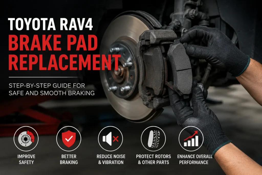 Toyota RAV4 brake pad replacement guide showing step-by-step instructions for safe and efficient maintenance