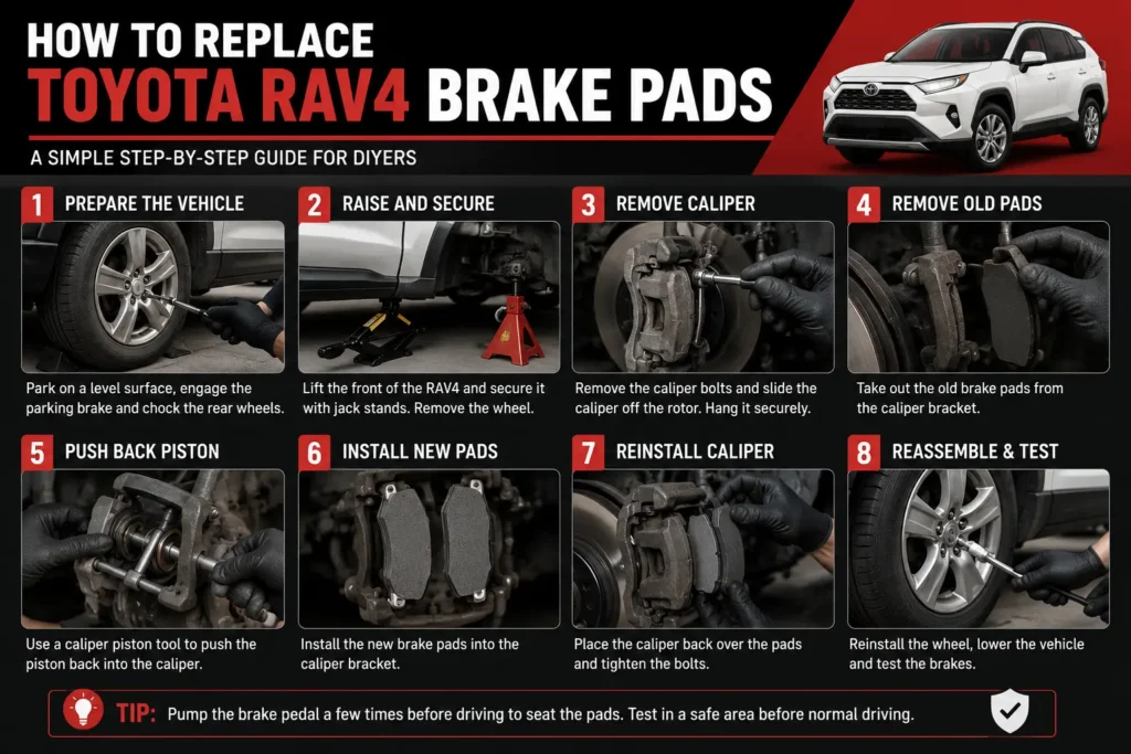 Toyota RAV4 brake pad replacement step-by-step infographic showing key maintenance steps