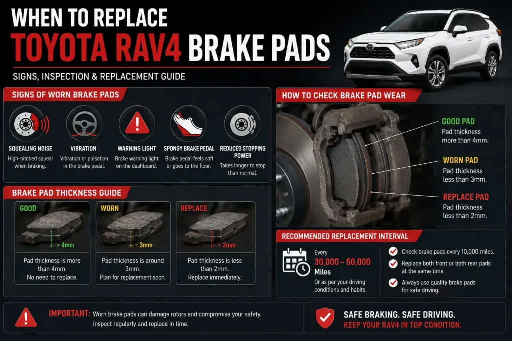 Wide infographic showing Toyota RAV4 brake pad replacement and brake system overview