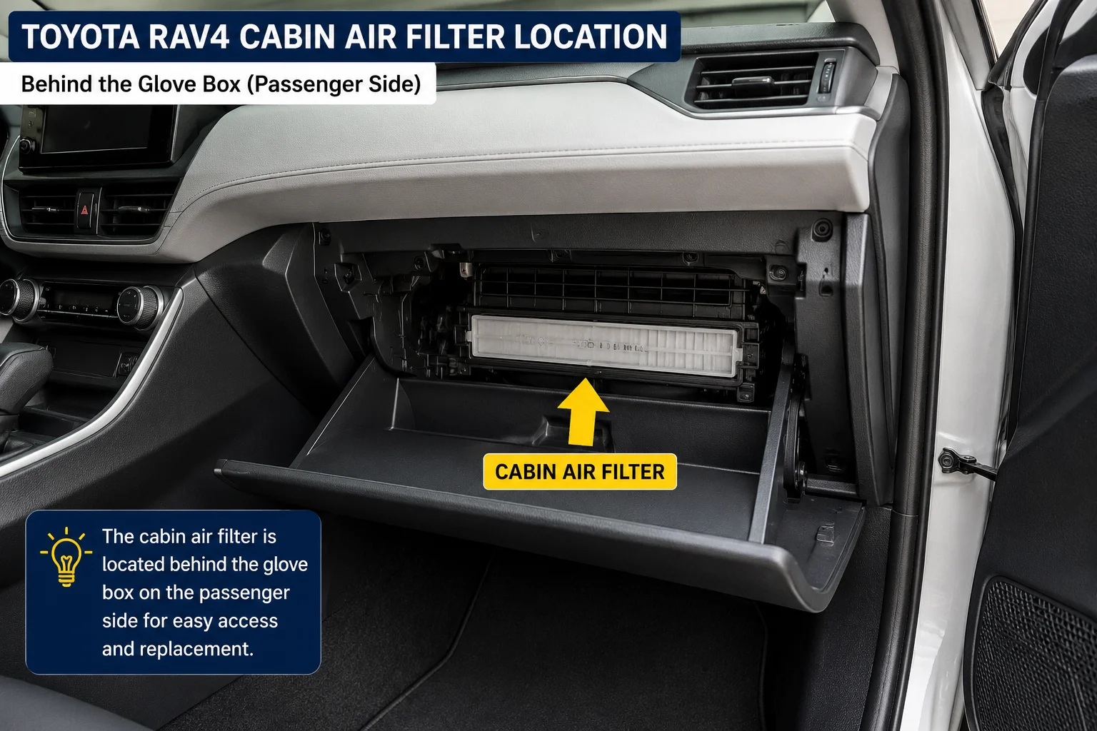Toyota RAV4 cabin air filter location behind the glove box on the passenger side