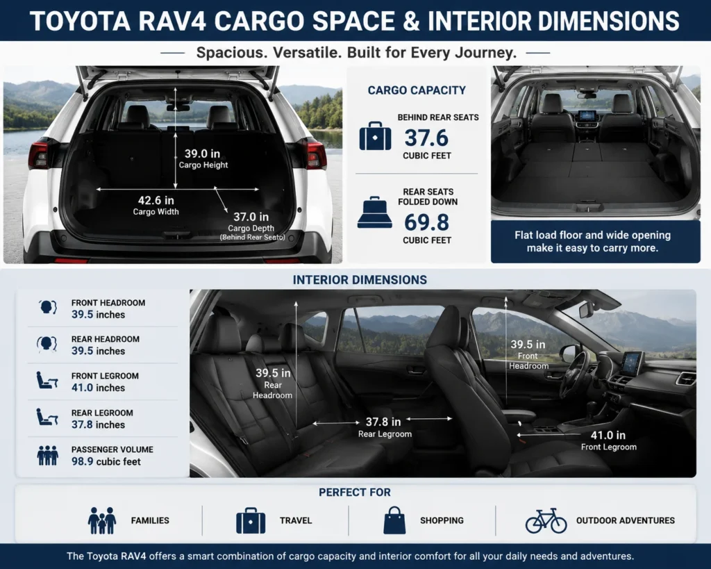 Toyota RAV4 cargo space and interior dimensions showing cargo capacity and passenger measurements