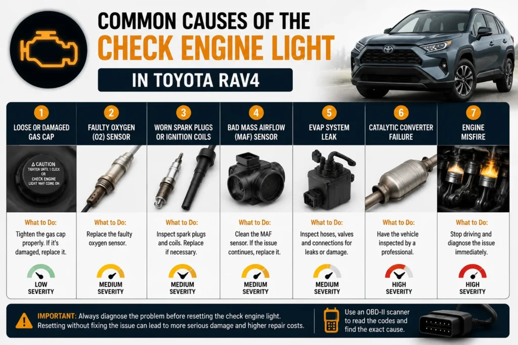 Common causes of Toyota RAV4 check engine light with severity and repair tips
