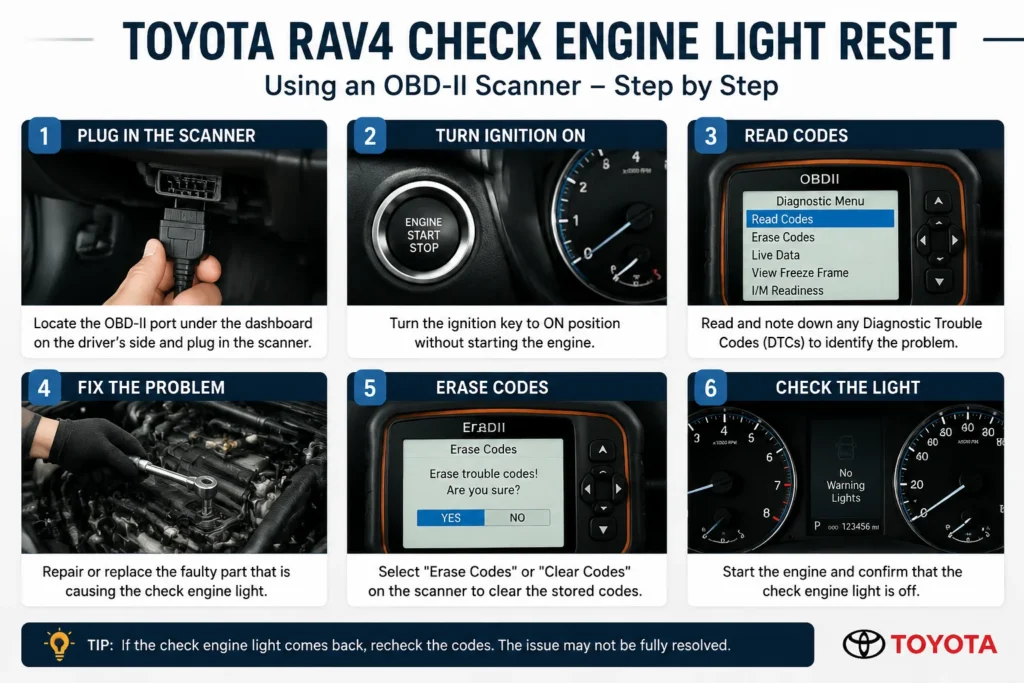 Step-by-step Toyota RAV4 check engine light reset using an OBD-II scanner