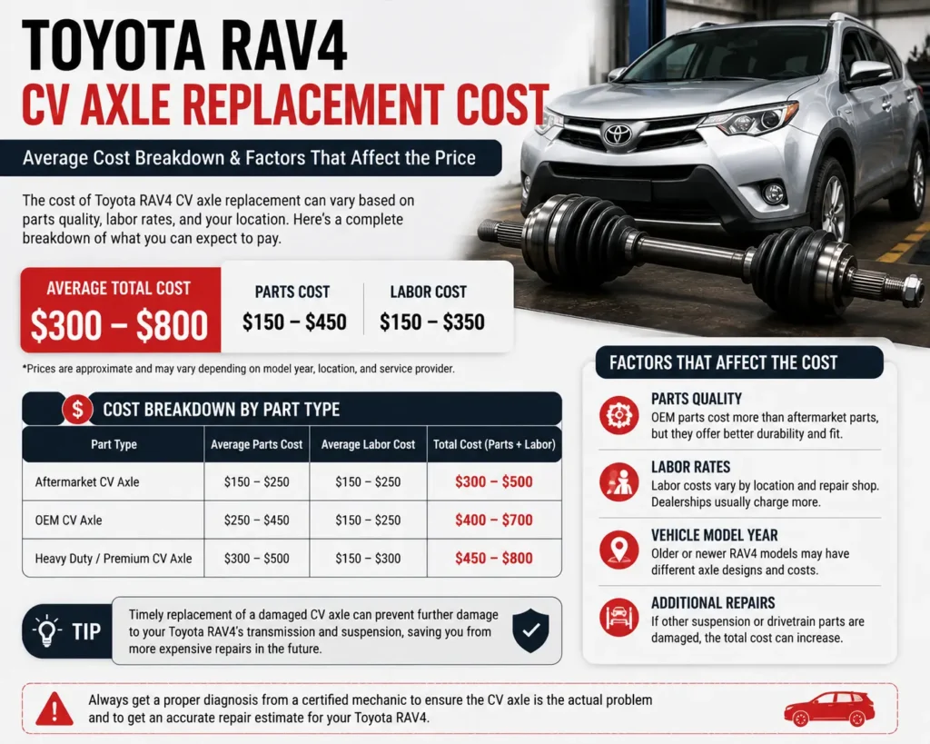Toyota RAV4 CV axle replacement cost breakdown including parts, labor, and factors affecting repair price