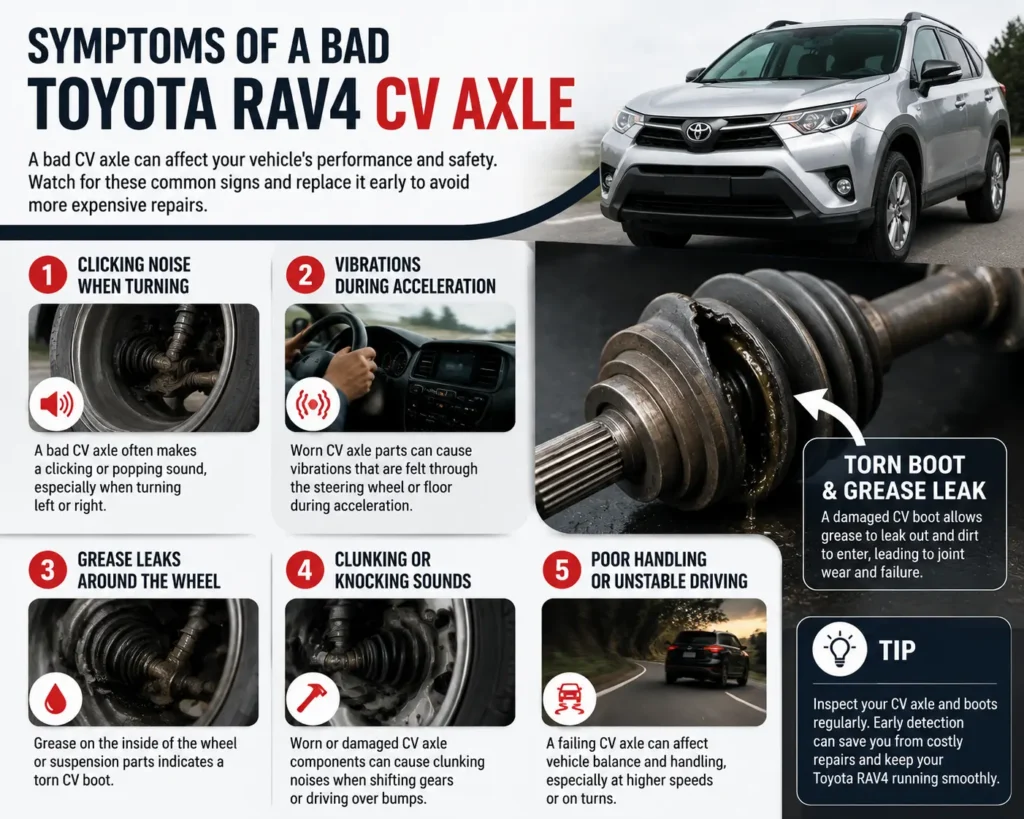Symptoms of a bad Toyota RAV4 CV axle including clicking noise, vibration, and grease leaks