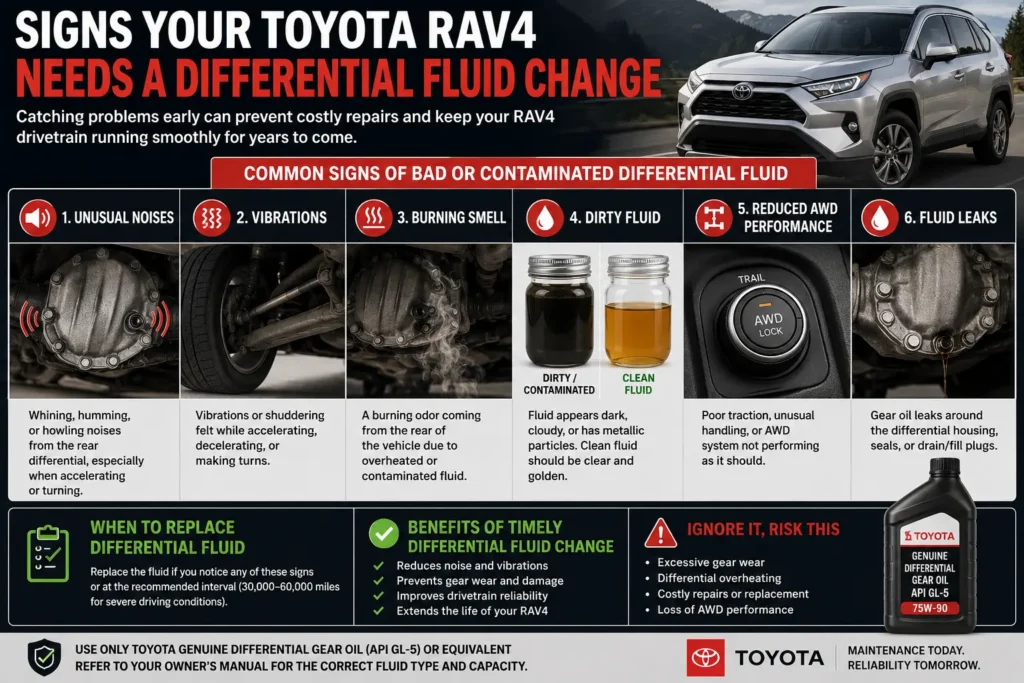 Signs your Toyota RAV4 needs a differential fluid change including differential noise, fluid leaks, vibrations, contaminated gear oil, and AWD performance issues.