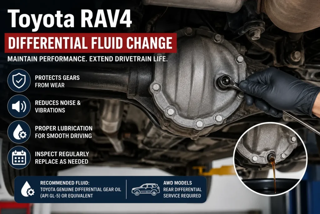Toyota RAV4 differential fluid change showing rear differential, gear oil replacement, and drivetrain maintenance.