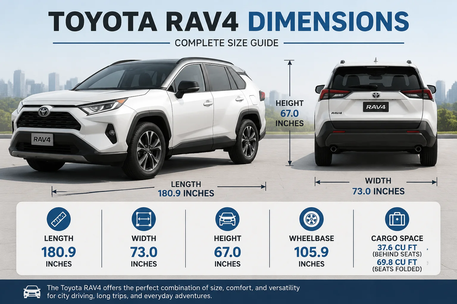 Toyota RAV4 Dimensions Guide showing length width height and cargo space