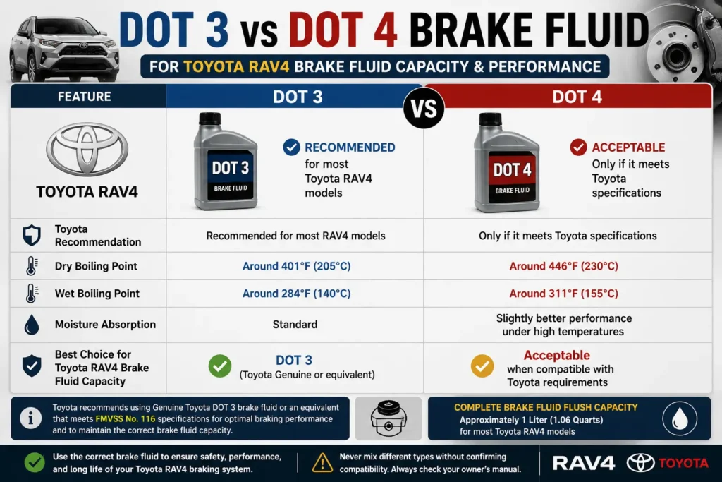Toyota RAV4 Brake Fluid Capacity 2 DOT 3 vs DOT 4 brake fluid comparison for Toyota RAV4 brake fluid capacity and recommended brake fluid type.