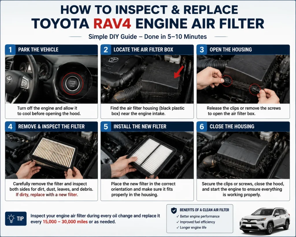 Toyota RAV4 Engine Air Filter: Replacement & Change Guide 2 Toyota RAV4 Engine Air Filter replacement step by step guide