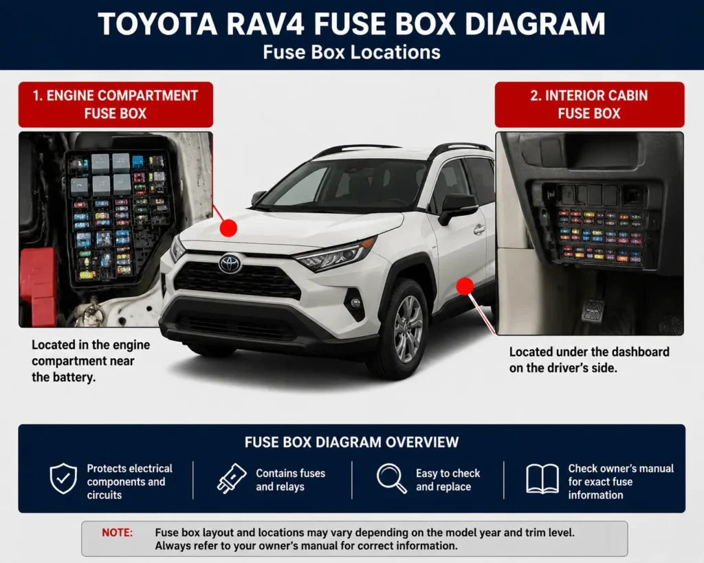 Toyota RAV4 Fuse Box Diagram: Complete Guide to Fuse Locations & Functions 1 Toyota RAV4 fuse box diagram showing engine compartment and interior fuse box locations
