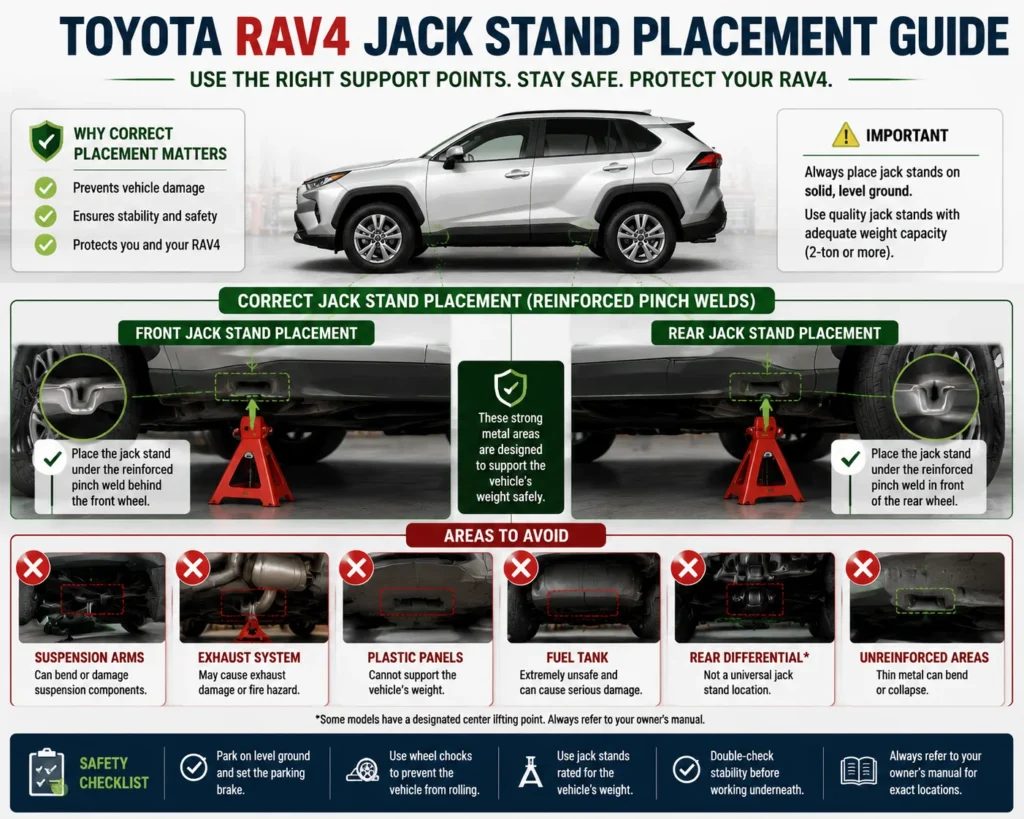 Toyota RAV4 jack stand placement showing safe and unsafe lifting locations