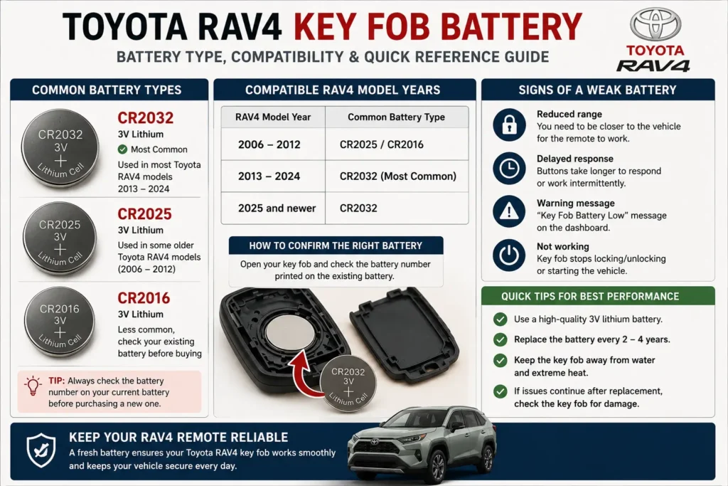 Toyota RAV4 Key Fob Battery: Size, Replacement & Easy DIY Guide 3 Toyota RAV4 Key Fob Battery size compatibility guide by model year