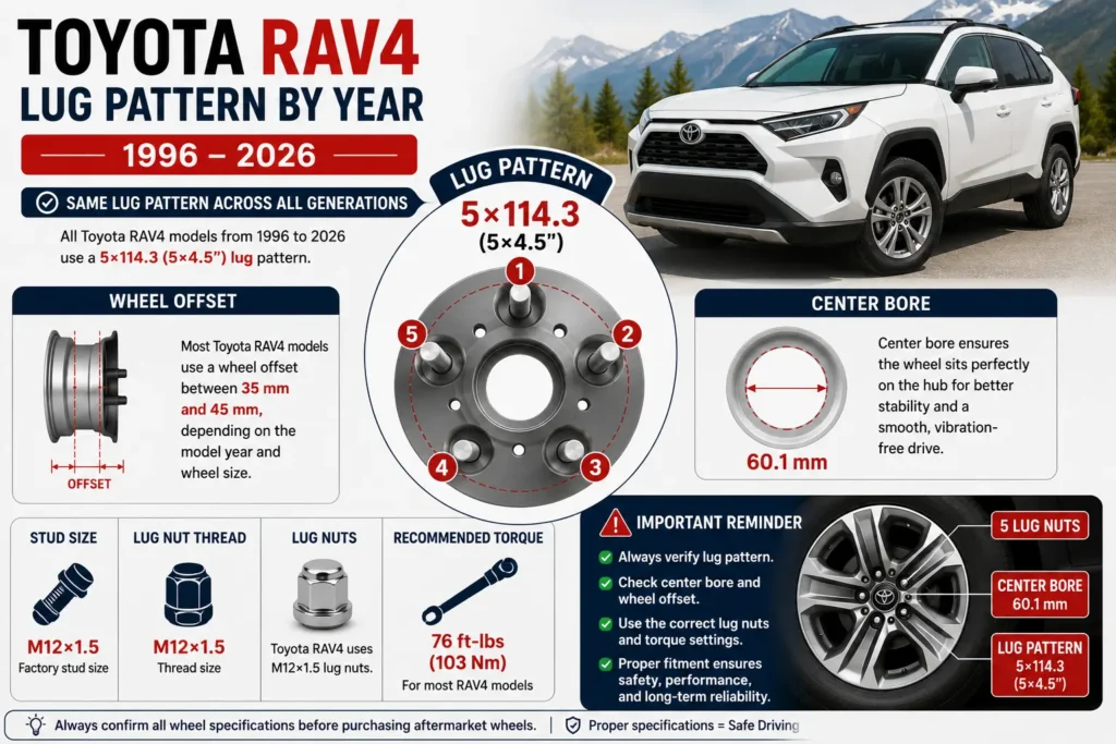 Toyota RAV4 Lug Pattern: Complete Guide (1996–2026) 3 Toyota RAV4 lug pattern compatibility guide showing 5×114.3 bolt pattern, center bore, wheel offset, stud size, lug nut thread, and torque specifications