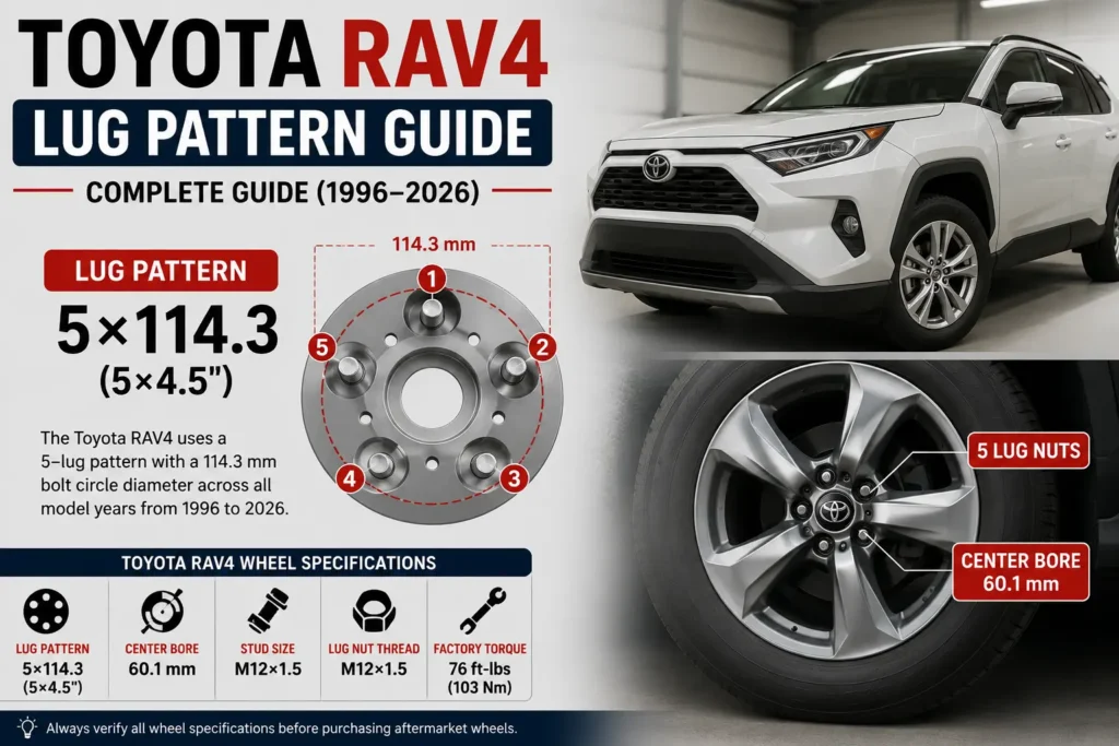 Toyota RAV4 Lug Pattern: Complete Guide (1996–2026) 1 Toyota RAV4 Lug Pattern 5x114.3 wheel specifications for 1996–2026 models