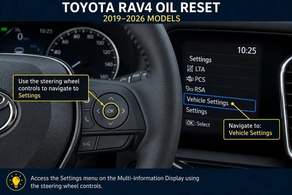 Toyota RAV4 Oil Reset (1996–2026 Guide) 1 Toyota RAV4 oil reset 2019-2026 using vehicle settings menu