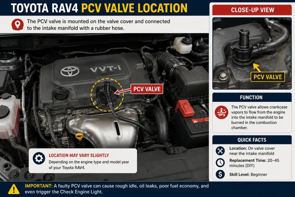 Toyota RAV4 PCV valve location on the engine with labeled valve cover and intake manifold connection.