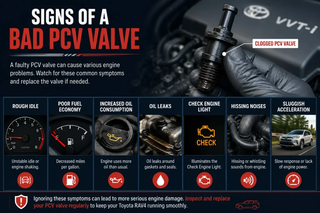 Common symptoms of a bad Toyota RAV4 PCV valve including rough idle, oil leaks, poor fuel economy, and check engine light.