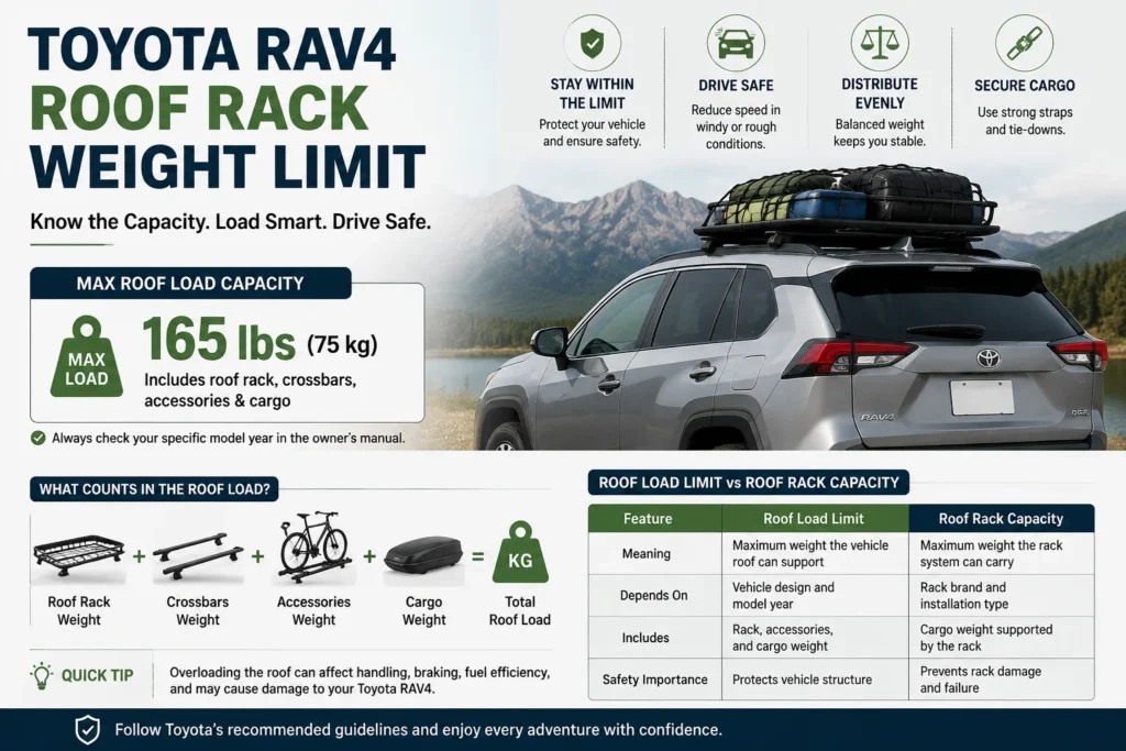 Toyota RAV4 roof rack weight limit and roof load capacity comparison infographic
