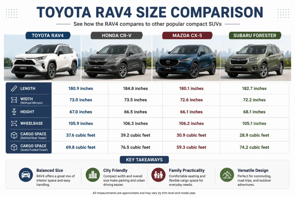 Toyota RAV4 size comparison with Honda CR-V Mazda CX-5 and Subaru Forester dimensions