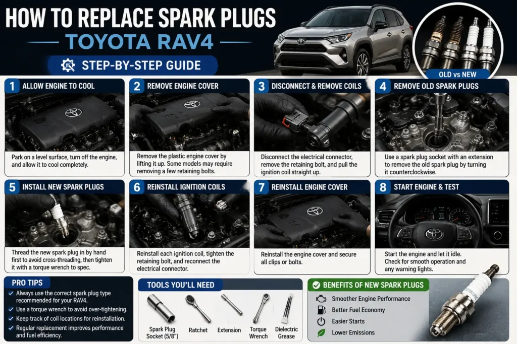 Toyota RAV4 spark plug replacement step-by-step guide showing engine cover removal, ignition coil removal, spark plug installation, and engine testing.