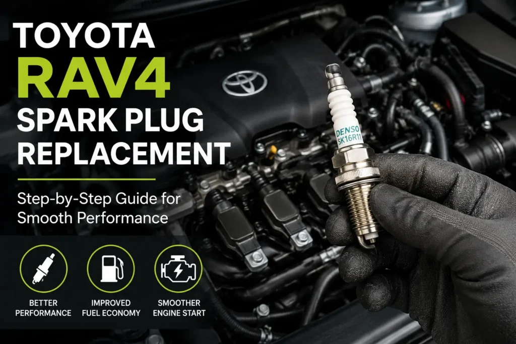 Toyota RAV4 Spark Plug Replacement step-by-step guide showing spark plug removal and installation.