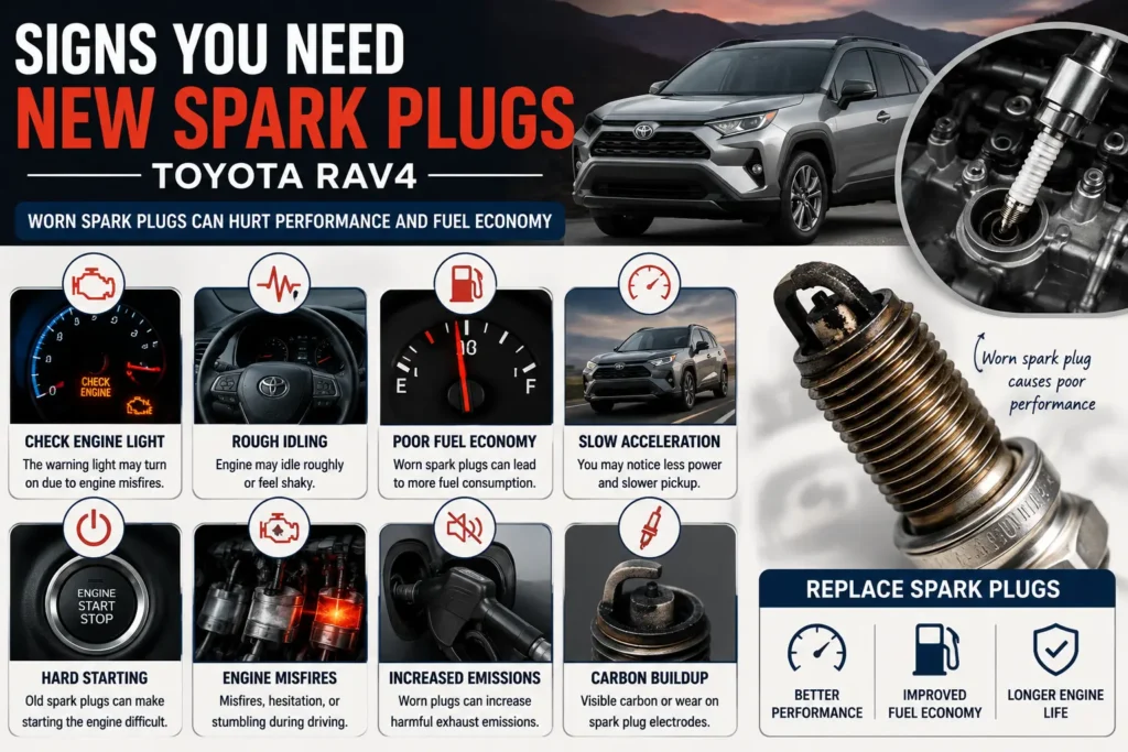 Toyota RAV4 spark plug symptoms including check engine light, rough idle, poor fuel economy, engine misfires, hard starting, and slow acceleration.