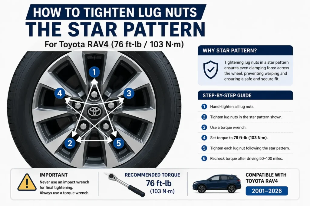 Toyota RAV4 Wheel Torque Specs (2001–2026) 2 Toyota RAV4 star pattern lug nut tightening sequence showing the correct wheel tightening order and recommended torque of 76 ft-lb (103 N·m).